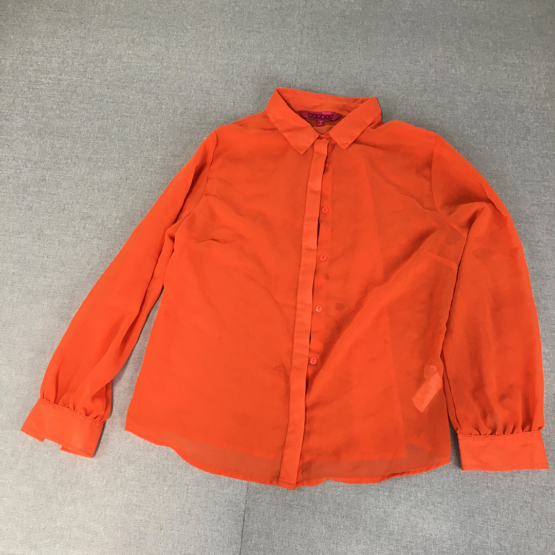 Boohoo Womens Top Size 14 Orange Long Sleeve Button-Up Shirt