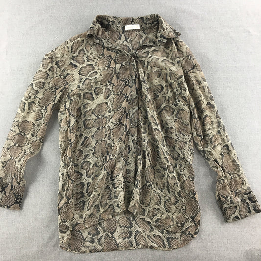 Kookai Womens Top Size 36 Brown Snakeskin Pattern Button-Up Long Sleeve Shirt