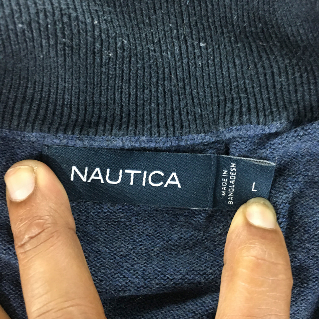 Nautica Mens Knit Sweater Size L Blue 1/4 Zip Logo Mock Neck Pullover Jumper