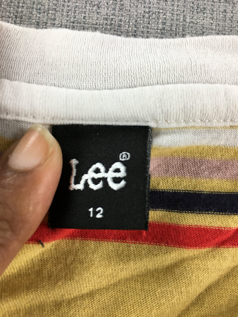 Lee Womens T-Shirt Size 12 Yellow Striped Logo Cropped Top