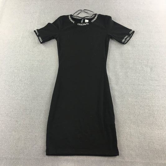 H&M Womens Bodycon Dress Size 6 Black Short Sleeve Stretch Fabric Mini