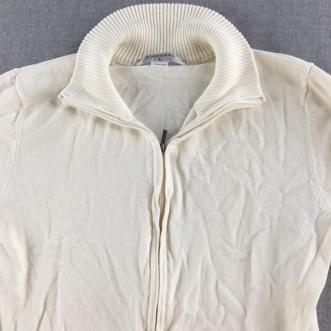 Giordano Womens Cardigan Size L White Zip-Up Mock Neck Knit Coat