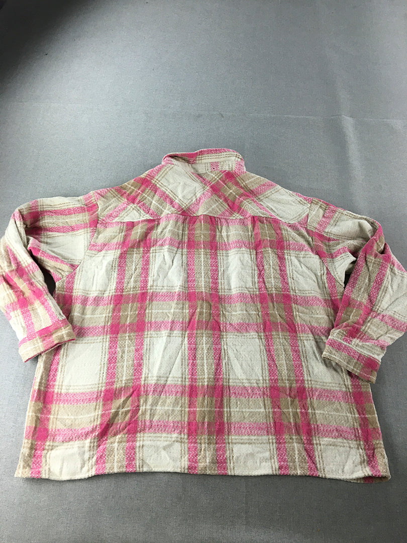 Boohoo Man Flannel Shirt Size 5XL White Pink Brown Checkered Button-Up