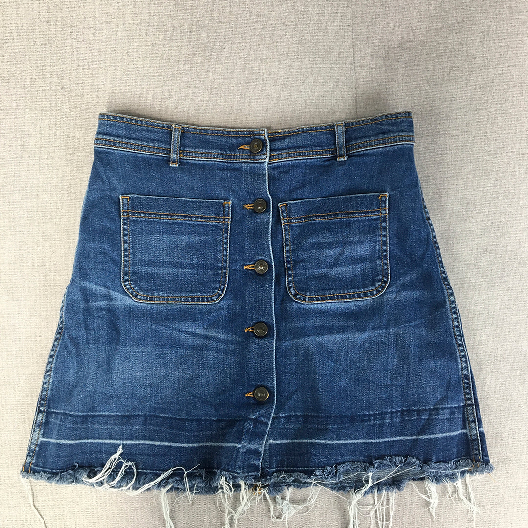 Zara Womens Denim Mini Skirt Size L Blue Button Raw Hem Pockets