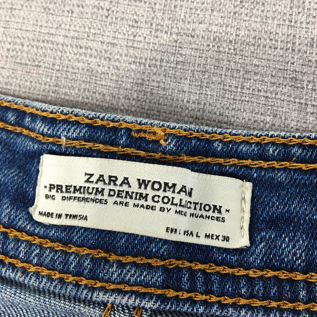 Zara Womens Denim Mini Skirt Size L Blue Button Raw Hem Pockets