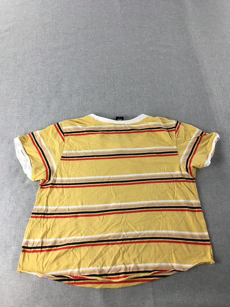 Lee Womens T-Shirt Size 12 Yellow Striped Logo Cropped Top