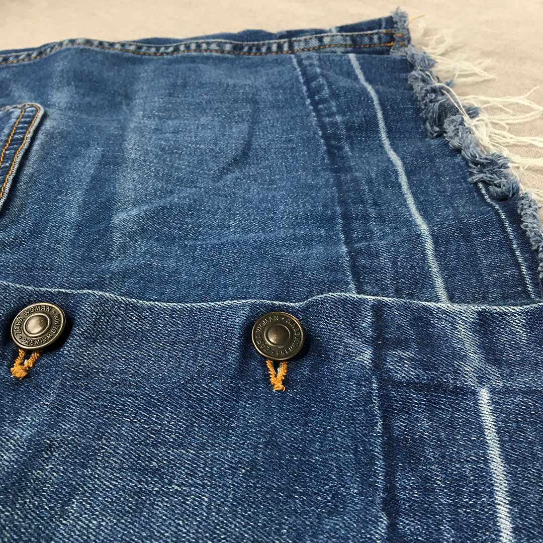 Zara Womens Denim Mini Skirt Size L Blue Button Raw Hem Pockets