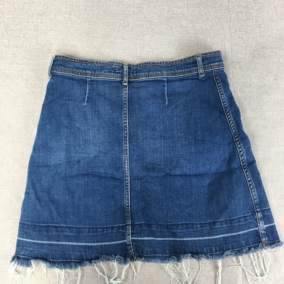 Zara Womens Denim Mini Skirt Size L Blue Button Raw Hem Pockets