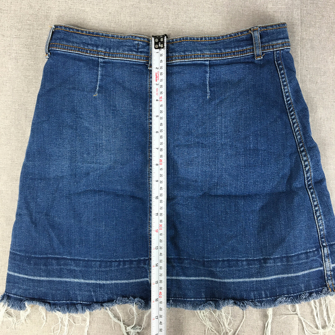 Zara Womens Denim Mini Skirt Size L Blue Button Raw Hem Pockets