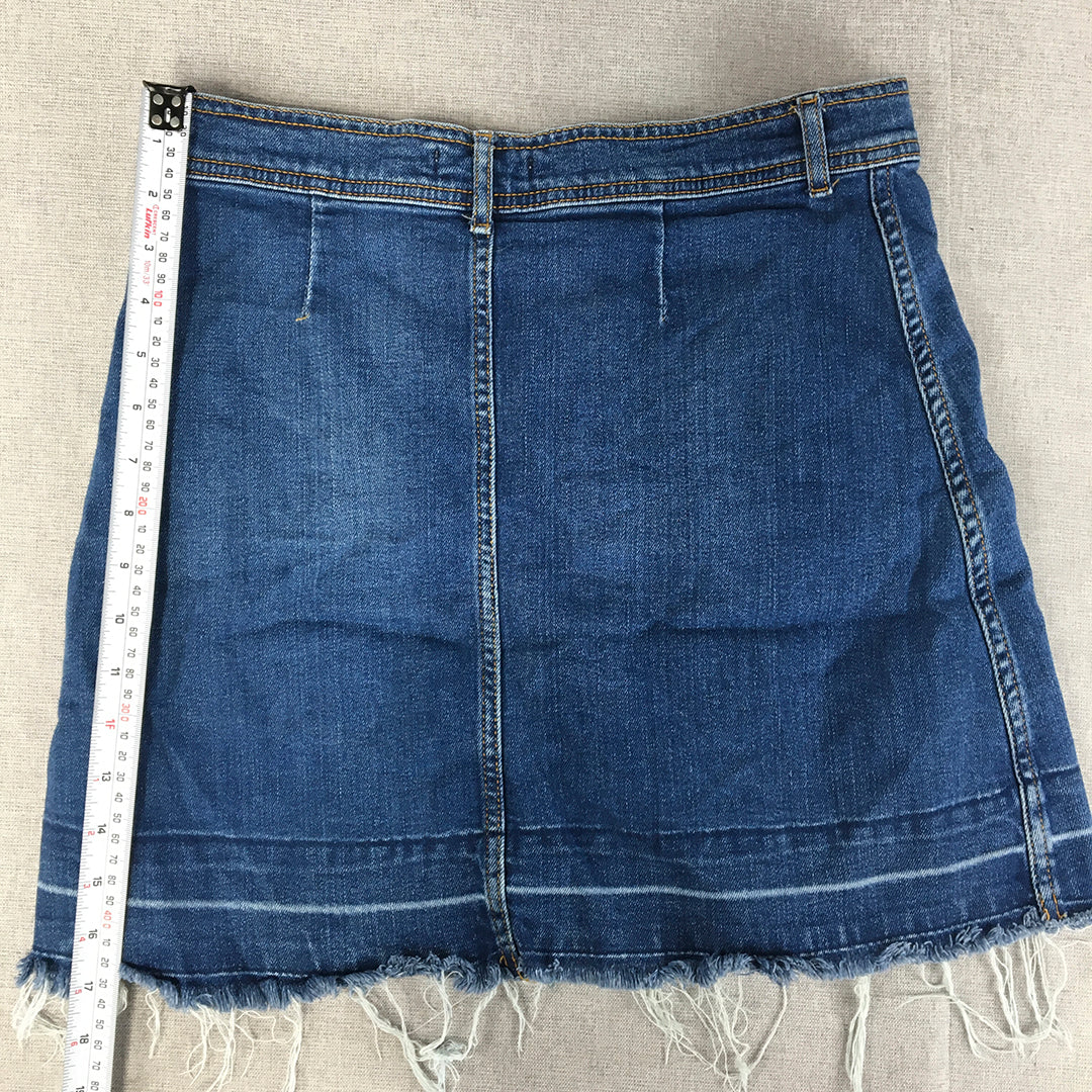 Zara Womens Denim Mini Skirt Size L Blue Button Raw Hem Pockets