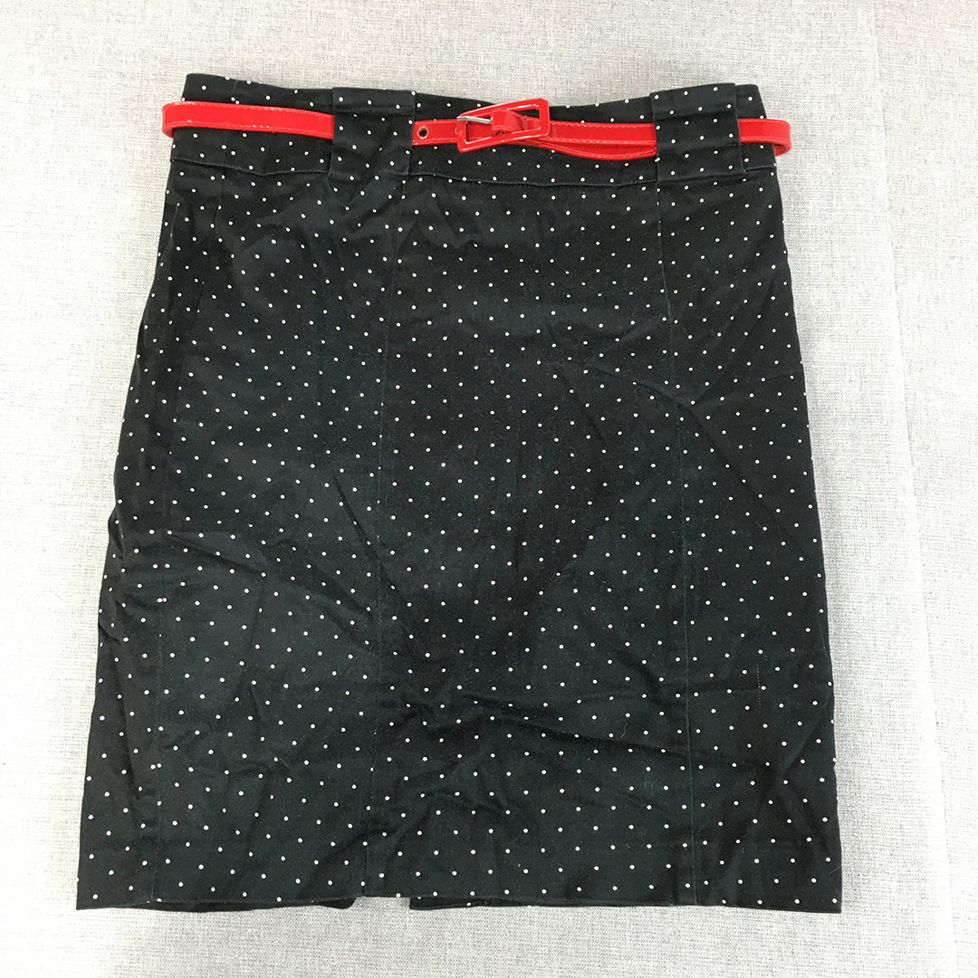 Review Womens Mini Skirt Size 8 Black Dot Straight Red Belted