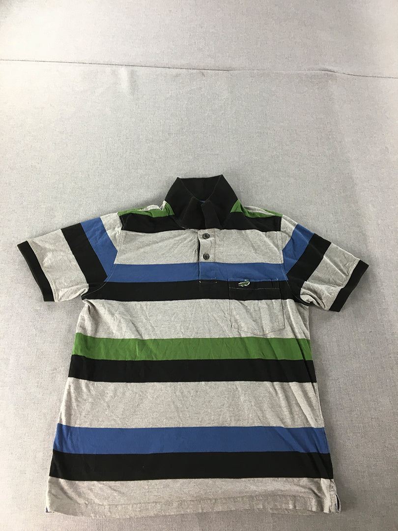 Crocodile Mens Polo Shirt Size M Slim Fit Grey Green Blue Striped Rugby