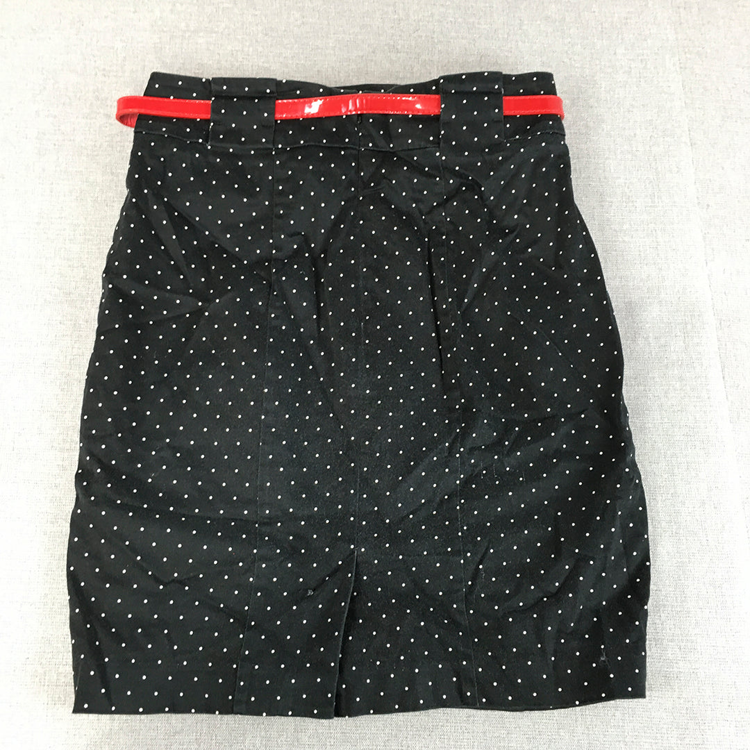 Review Womens Mini Skirt Size 8 Black Dot Straight Red Belted