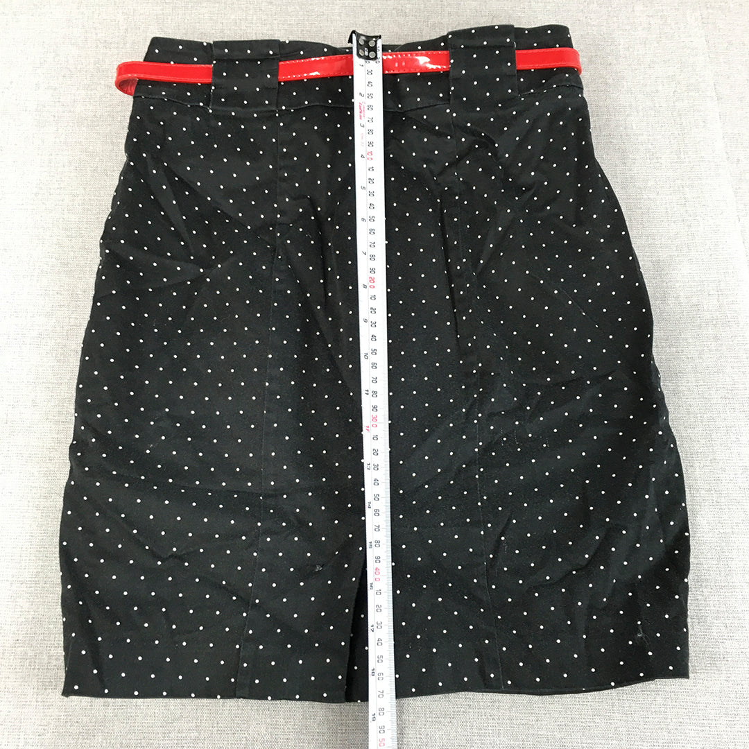 Review Womens Mini Skirt Size 8 Black Dot Straight Red Belted