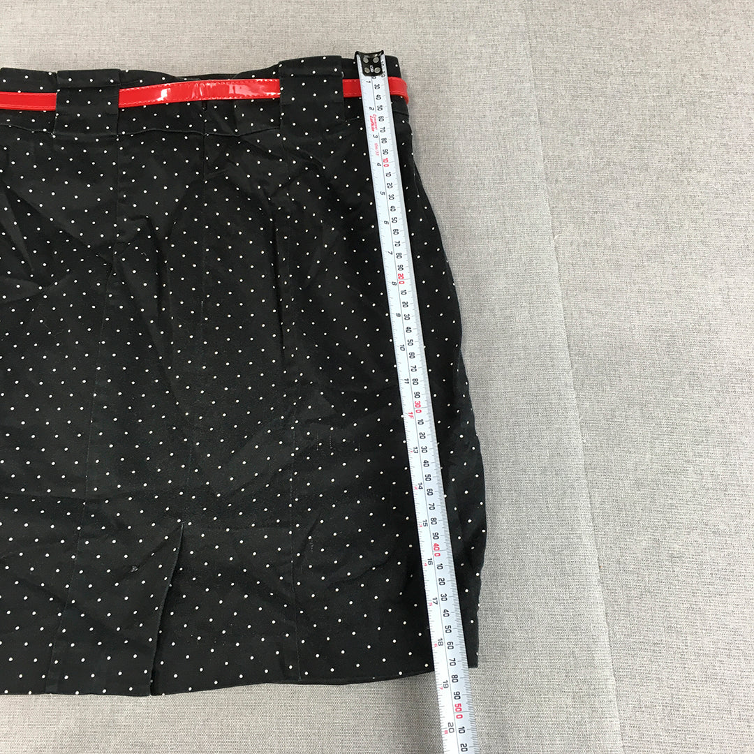 Review Womens Mini Skirt Size 8 Black Dot Straight Red Belted