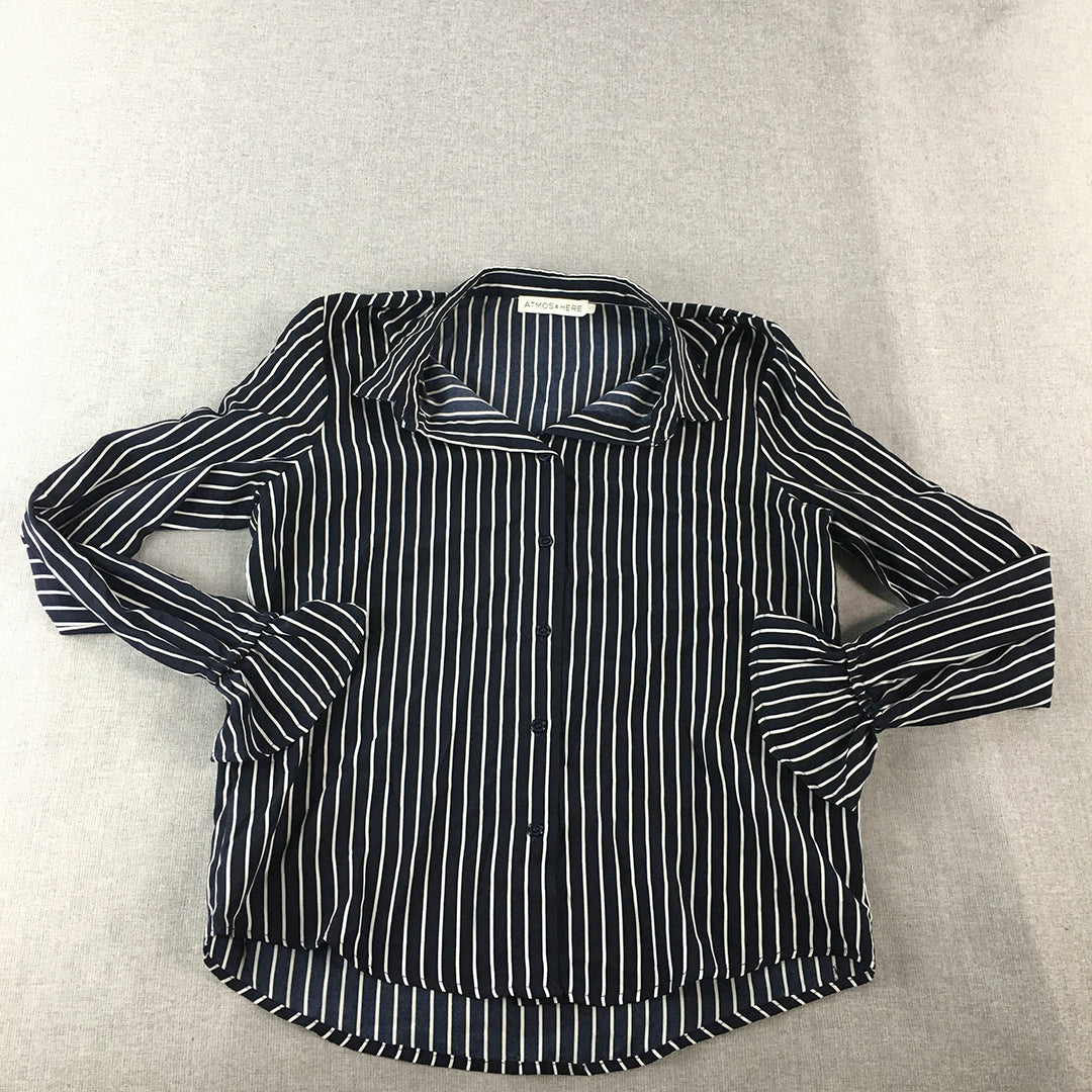 Atmos & Here Womens Top Size 10 Blue Striped Button-Up Long Sleeve Shirt