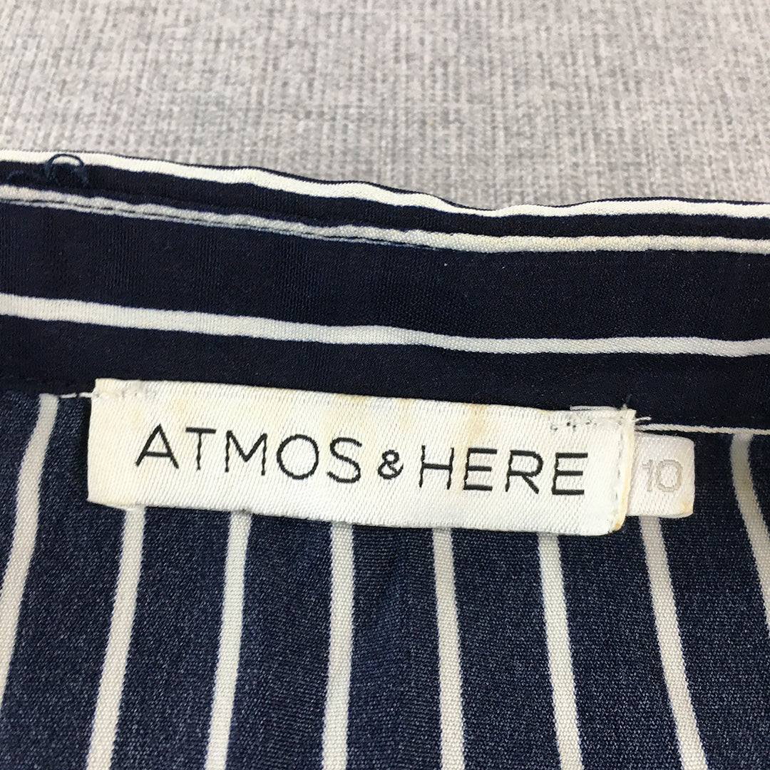 Atmos & Here Womens Top Size 10 Blue Striped Button-Up Long Sleeve Shirt