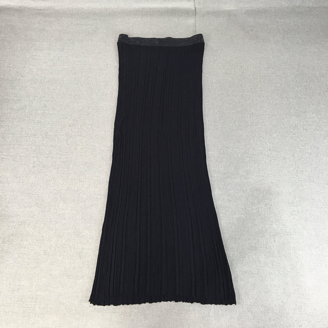 Zara Womens Knit Maxi Skirt Size S Navy Blue Straight Stretch Pleated