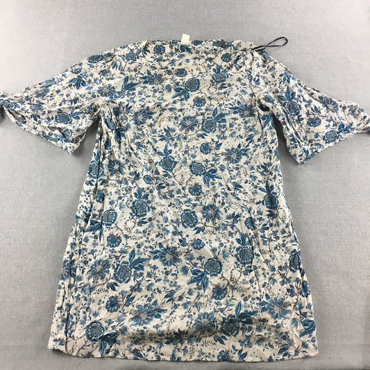 H&M Womens Mini Dress Size 12 White Blue Floral Short Sleeve