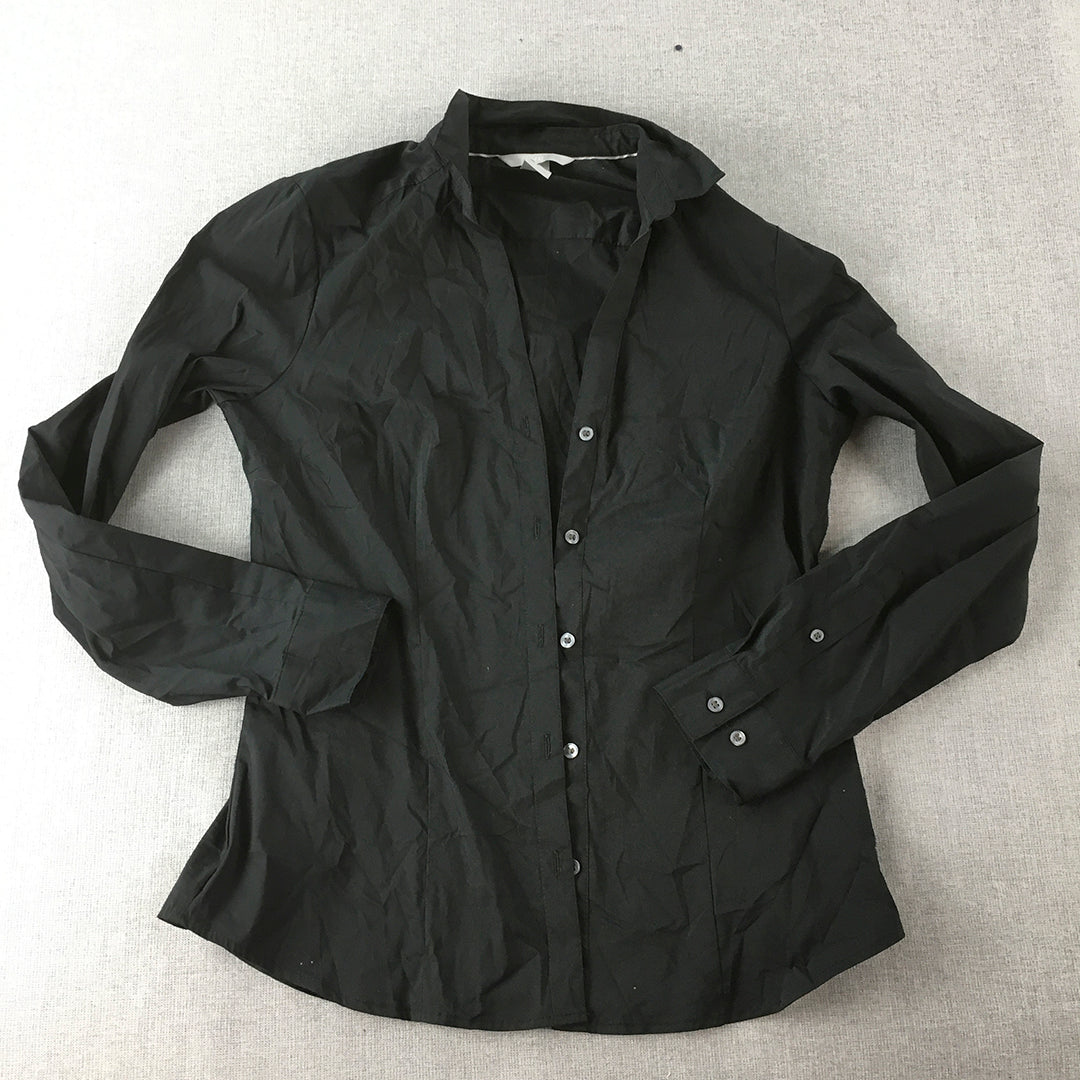 H&M Womens Top Size 8 Black Long Sleeve Collared Button-Up Shirt