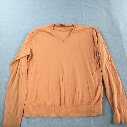 Uniqlo Mens Knit Sweater Size L Orange V-Neck Pullover Jumper