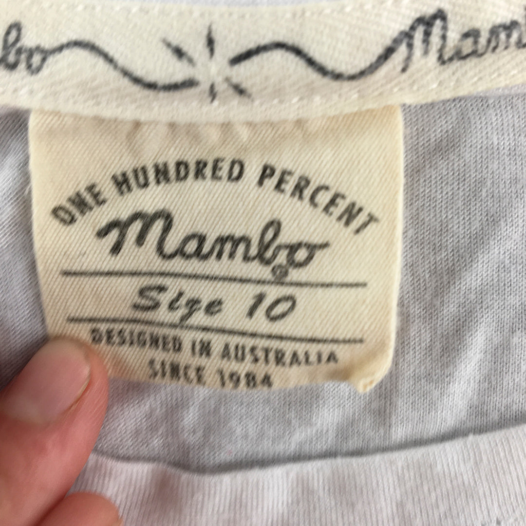 Mambo Womens T-Shirt Size 10 White Logo Short Sleeve Crew Neck Tee