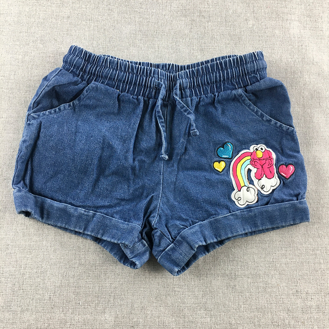 Sesame Street Kids Girls Denim Shorts Size 5 Blue Elmo Drawstring