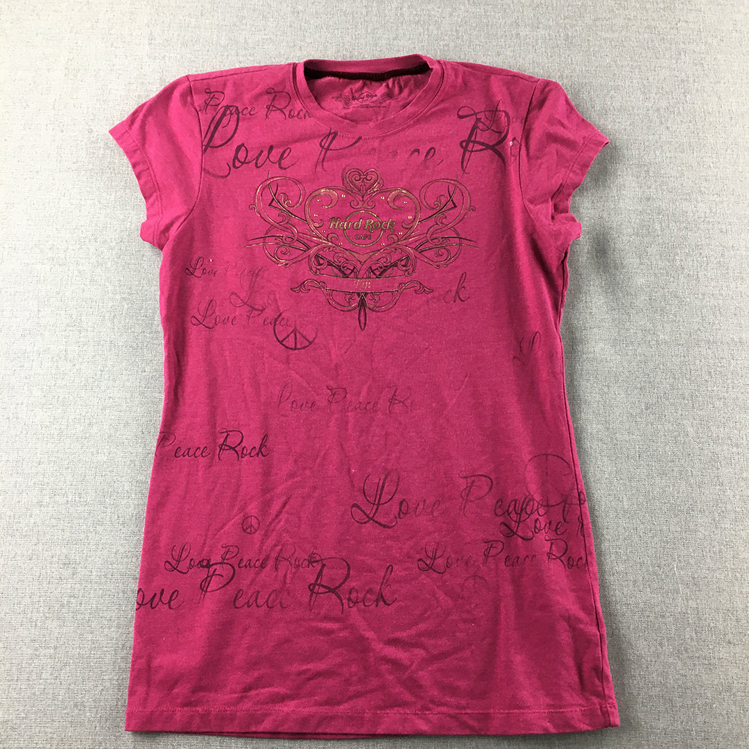 Vintage Hard Rock Cafe Womens T-Shirt Size M Pink Heart Peace Y2K