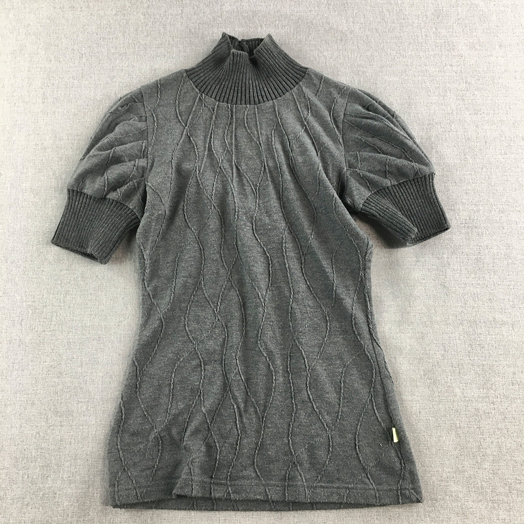 Review Womens Knit Top Size 8 Grey Mock Neck Short Sleeve Stretch Fabric Shirt