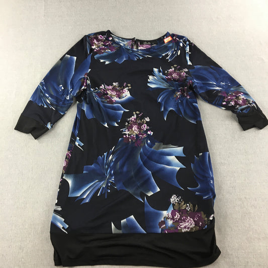 Stella Womens Mini Dress Size 14  Black Blue Floral 3/4 Length Sleeves