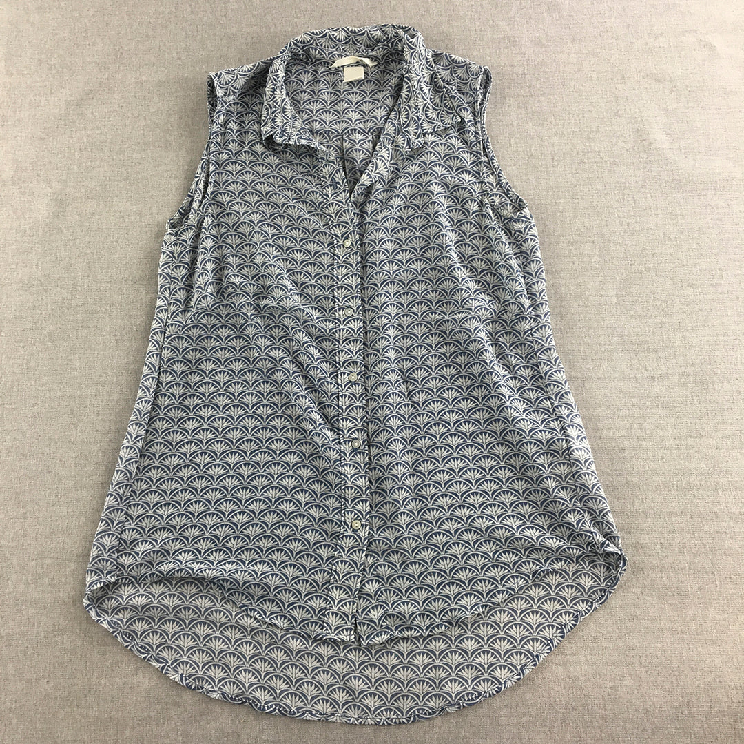 H&M Womens Shirt Size 4 Blue Floral Sleeveless Button-Up Collared Top