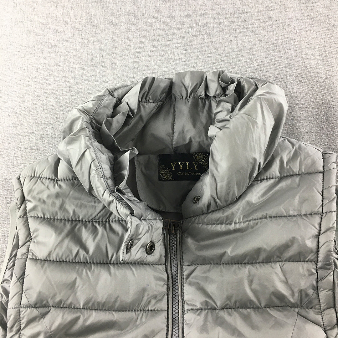 YYLY Womens Puffer Vest Size L Grey Quilted Sleeveless Zip-Up Jacket Pockets