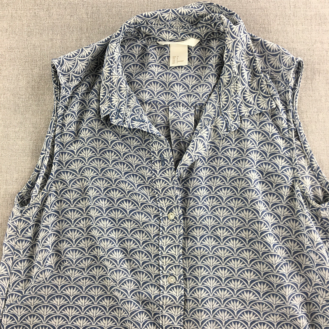 H&M Womens Shirt Size 4 Blue Floral Sleeveless Button-Up Collared Top