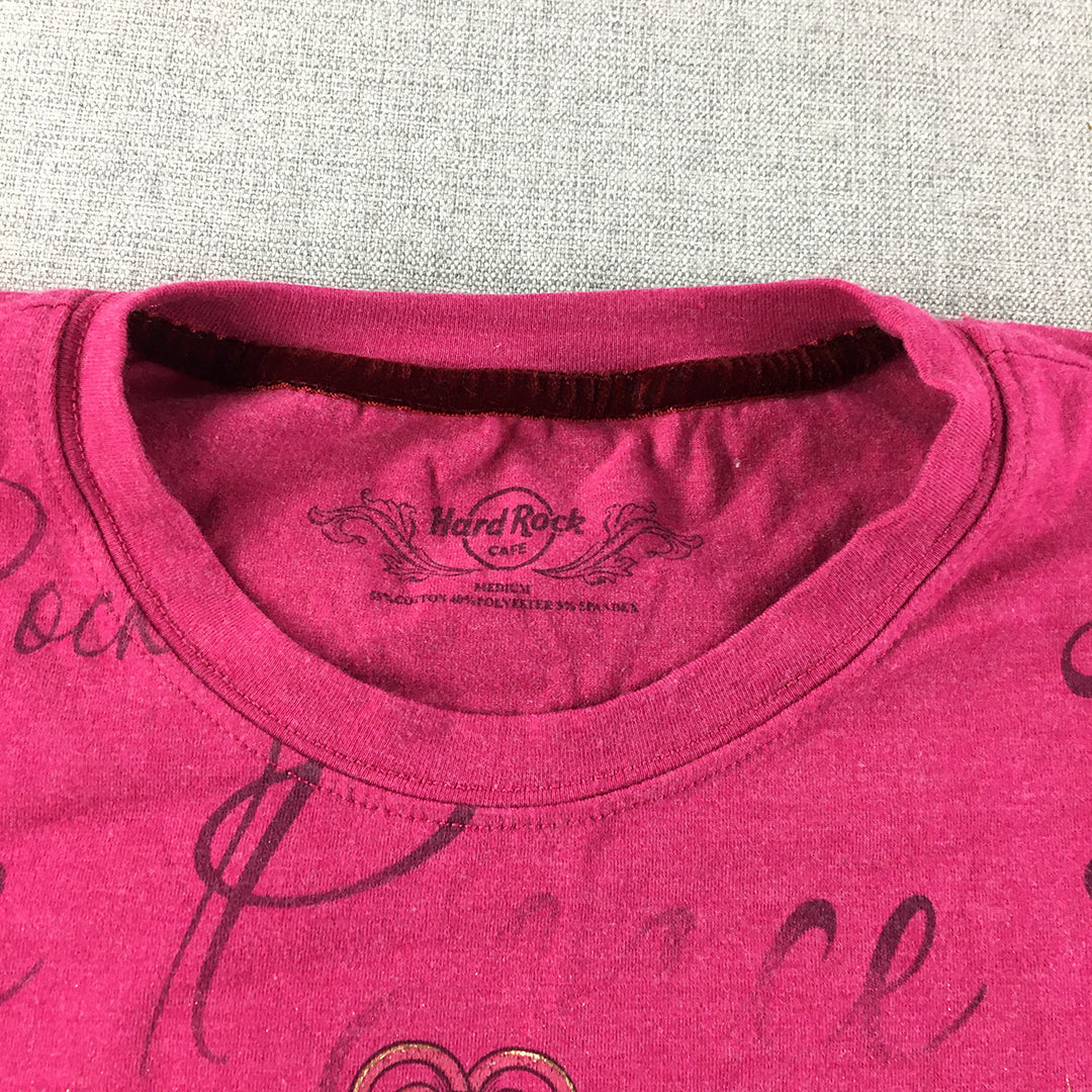 Vintage Hard Rock Cafe Womens T-Shirt Size M Pink Heart Peace Y2K