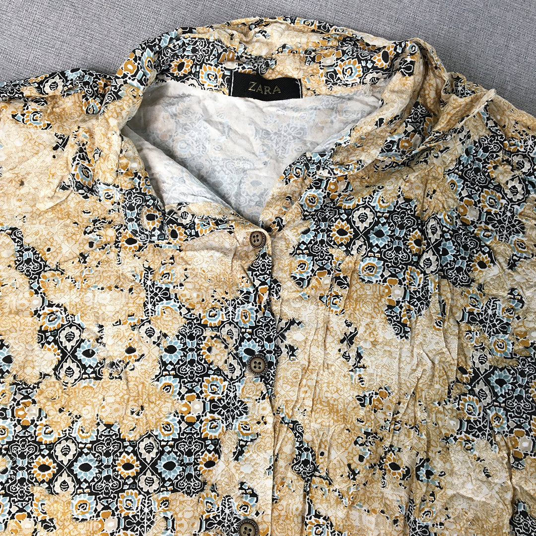 Zara Womens Shirt Size M Yellow Blue Floral Button-Up Long Sleeve Shirt