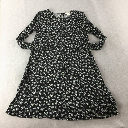 H&M Womens Mini Dress Size 6 Black Floral Long Sleeve A-Line