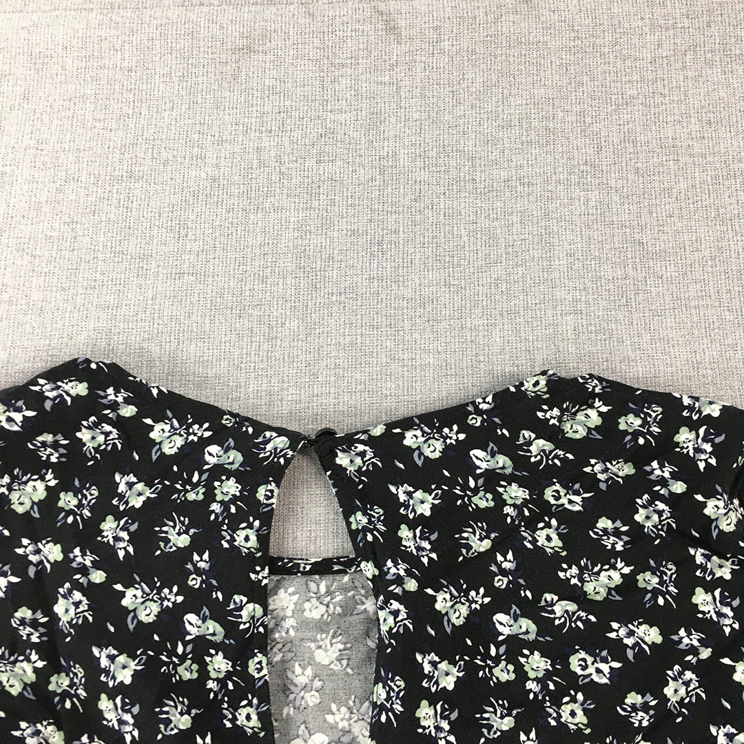 H&M Womens Mini Dress Size 6 Black Floral Long Sleeve A-Line