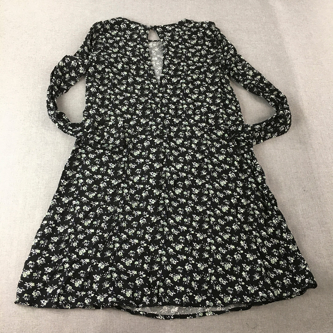 H&M Womens Mini Dress Size 6 Black Floral Long Sleeve A-Line