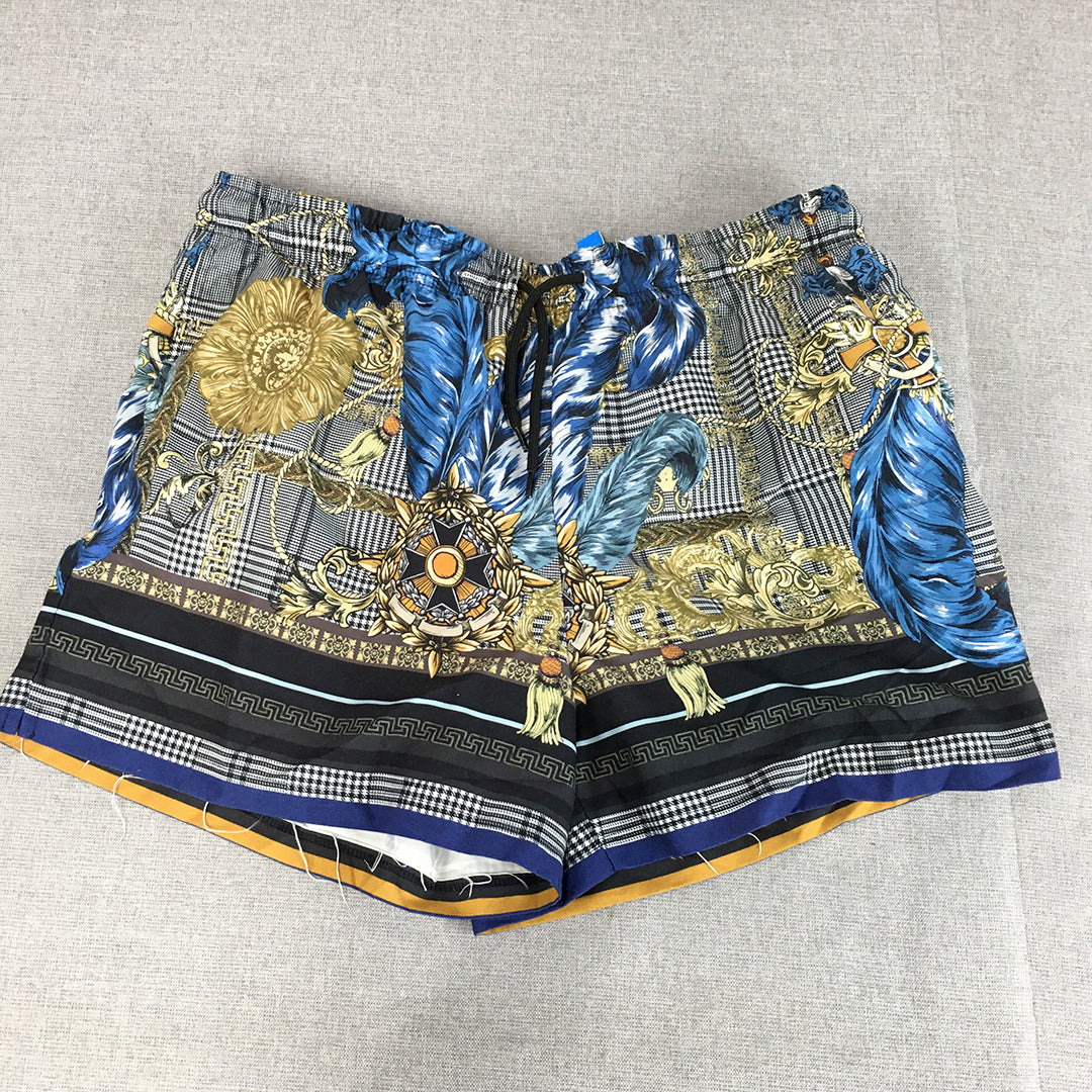 River Island Mens Shorts Size M Gold Blue Baroque Loud Hawaiian Full-Print