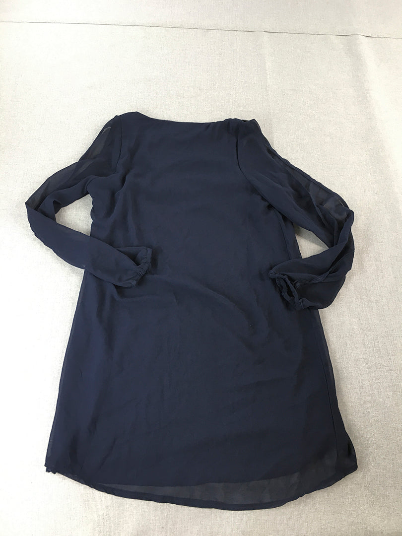 Showpo Womens Mini Dress Size 10 Navy Blue V-Neck Long Sleeve A-Line