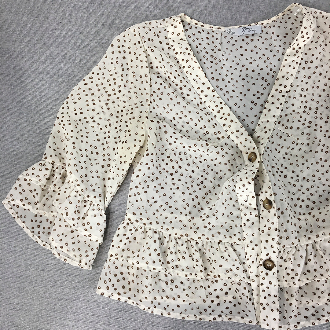 Yours Truly Womens Top Size 8 White Brown Dot Button-Up 3/4 Length Sleeves