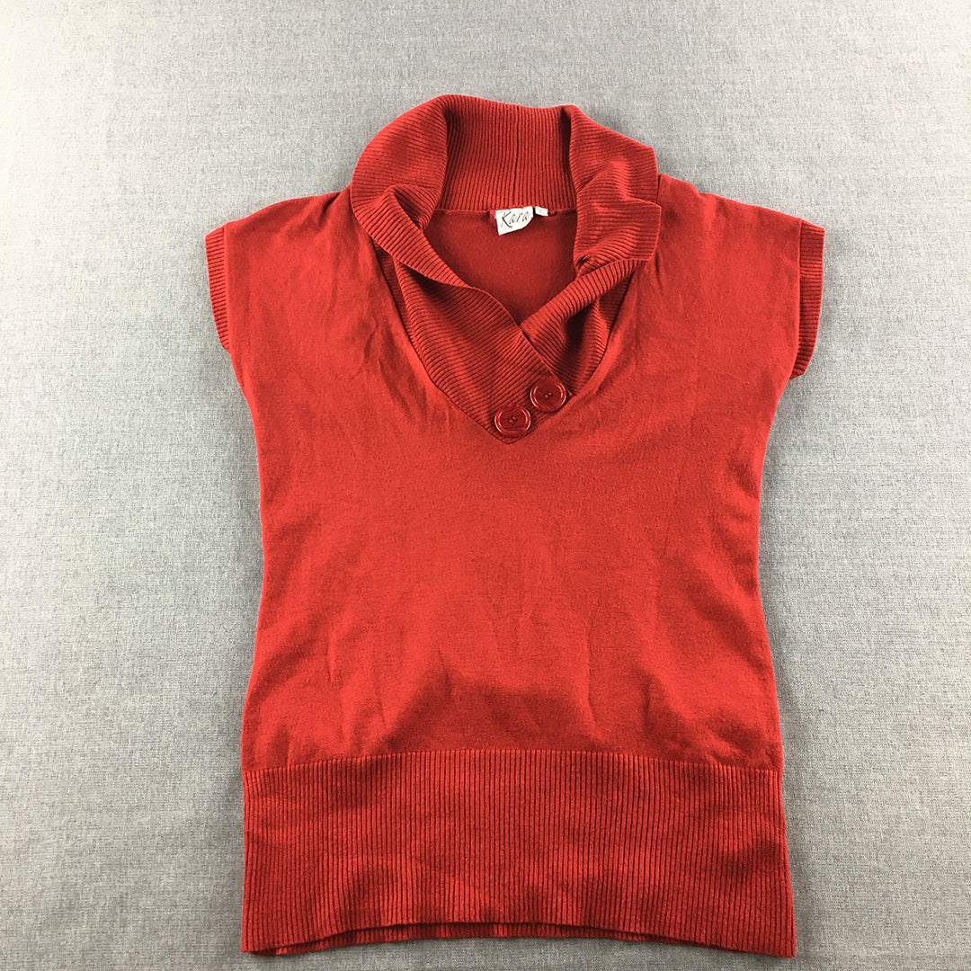 Kara Womens Knit Top Size L Red Shawl Neck Short Sleeve Shirt Button Collar