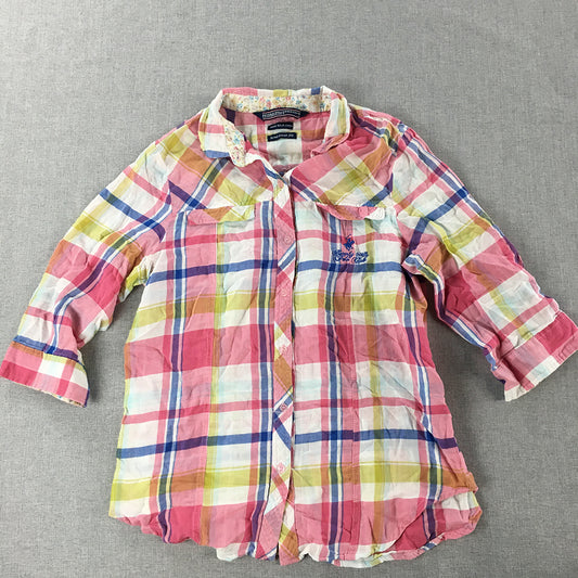 Beverly Hills Polo Club Womens Shirt Size M Pink Checkered Logo Button-Up