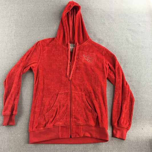 Mentor Womens Jacket Size L Red Zip-Up Velvet Velour Diamante Heart Hoodie