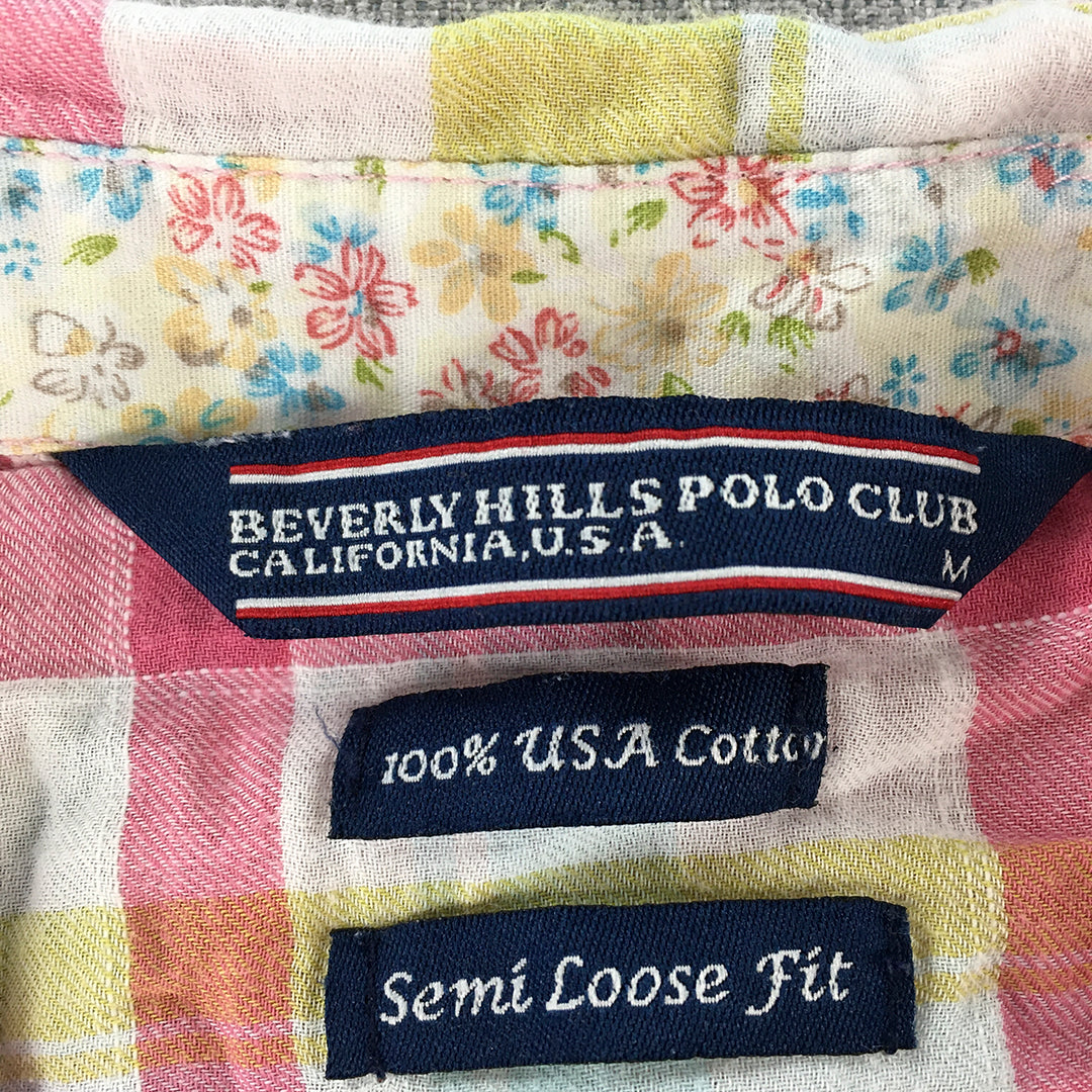 Beverly Hills Polo Club Womens Shirt Size M Pink Checkered Logo Button-Up