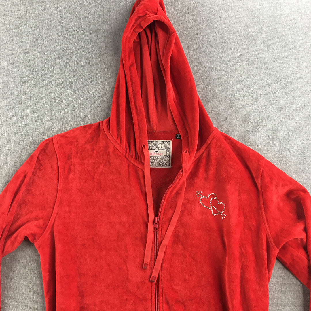 Mentor Womens Jacket Size L Red Zip-Up Velvet Velour Diamante Heart Hoodie