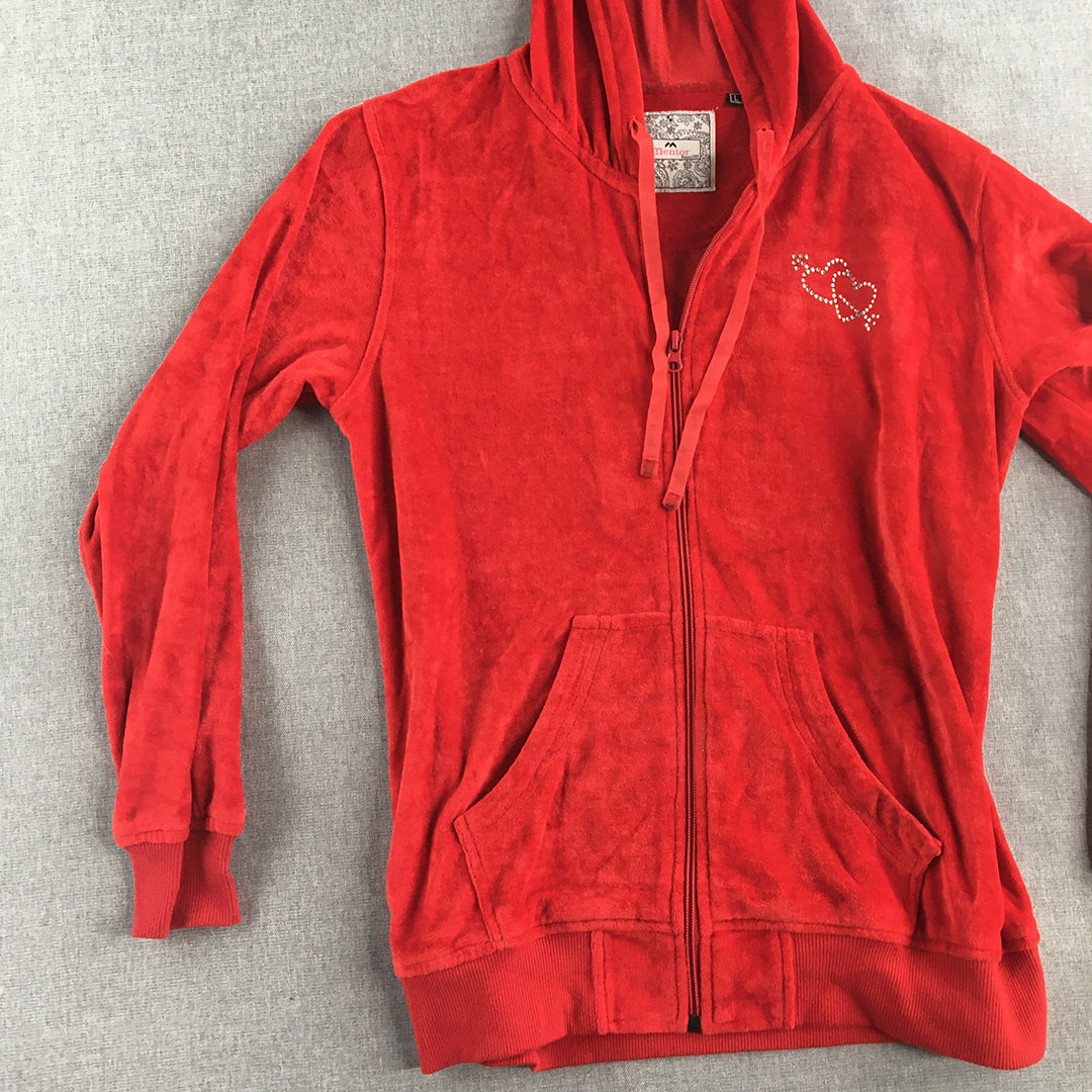 Mentor Womens Jacket Size L Red Zip-Up Velvet Velour Diamante Heart Hoodie