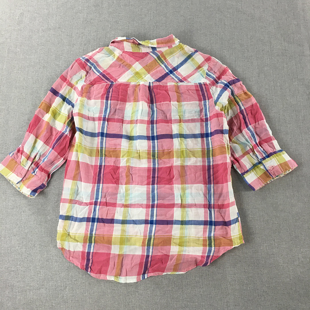 Beverly Hills Polo Club Womens Shirt Size M Pink Checkered Logo Button-Up