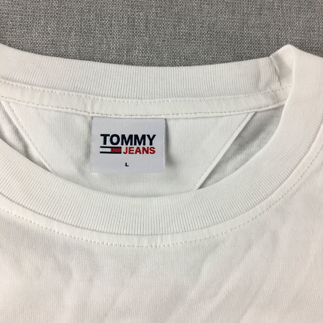 Tommy Hilfiger Mens T-Shirt SIze L White Big Embroidered Logo Tee