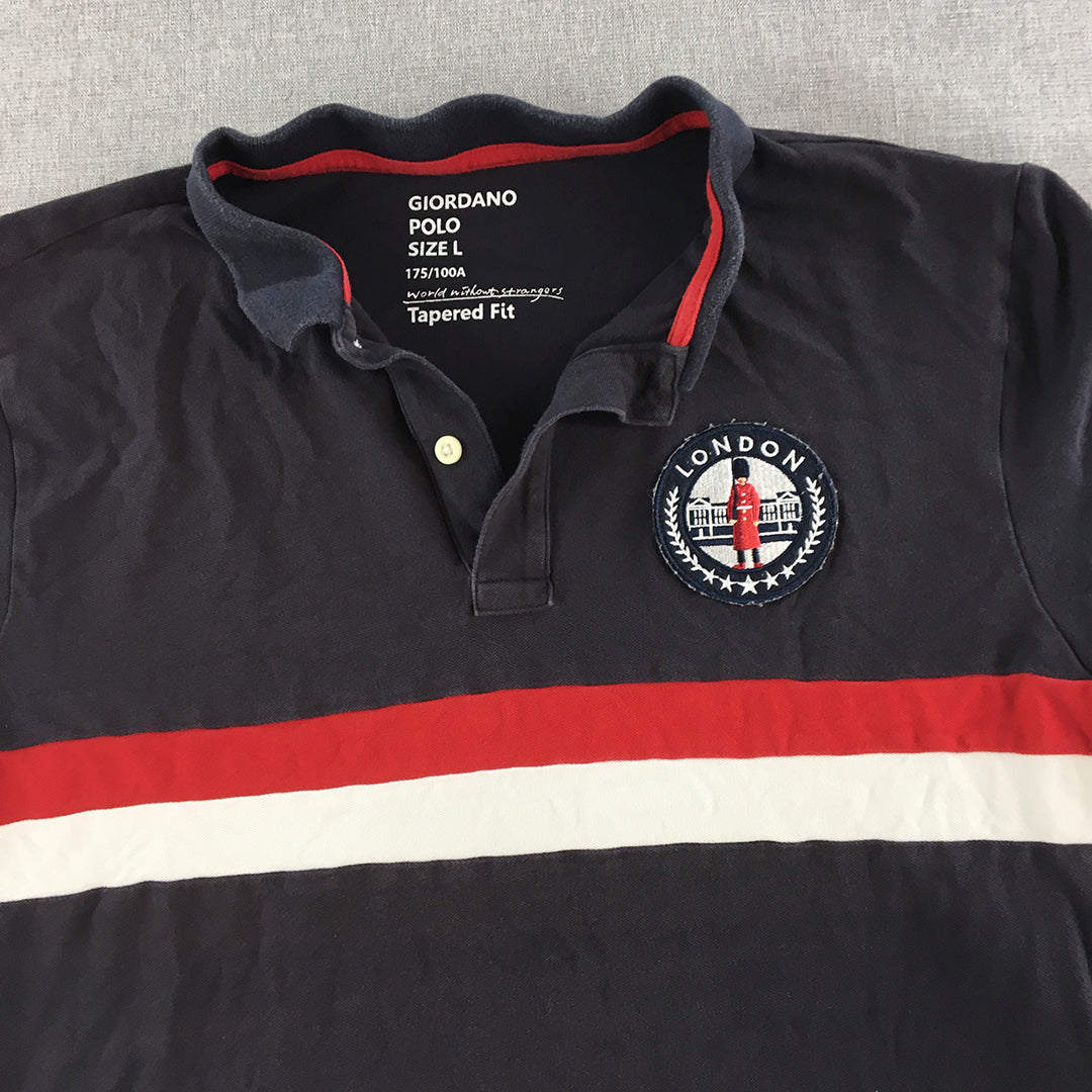 Giordano Mens Polo Shirt Size L Tapered Fit Navy Blue London Logo Striped Rugby